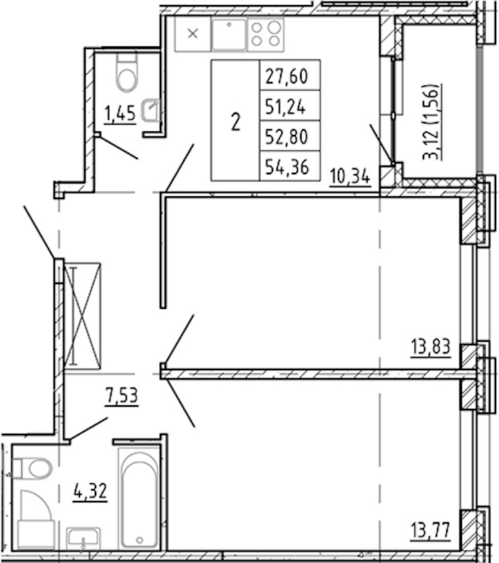 2-комнатная квартира 51.24 м², 6/12 эт., ЖК «Полис Новоселье»